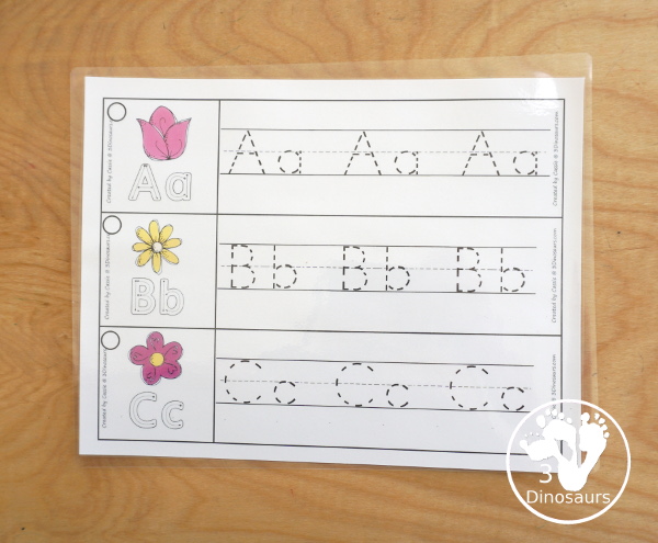 Free Flower Theme ABC Tracing Strips - with uppercase and lowercase together. You have flowers plus you can see an example of how to trace the letters - 3Dinosaurs.com