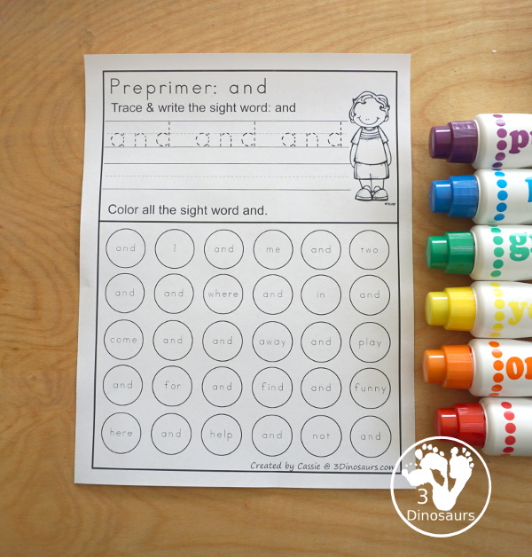 Preprimer Sight Word Trace & Dot the Word - 40 sight word for kids to work, with a no-prep printable for preprimer sight words with two version of the sight word worksheet - 3Dinosaurs.com