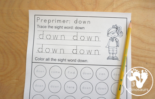 Free Preprimer Sight Word Trace & Dot the Word - 40 sight word for kids to work, with a no-prep printable for preprimer sight words - 3Dinosaurs.com