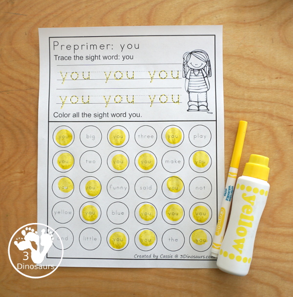 Free Preprimer Sight Word Trace & Dot the Word - 40 sight word for kids to work, with a no-prep printable for preprimer sight words - 3Dinosaurs.com