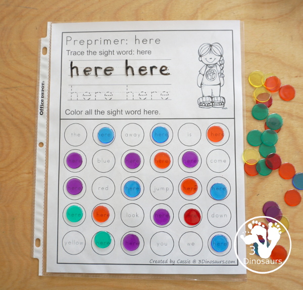 Free Preprimer Sight Word Trace & Dot the Word - 40 sight word for kids to work, with a no-prep printable for preprimer sight words - 3Dinosaurs.com