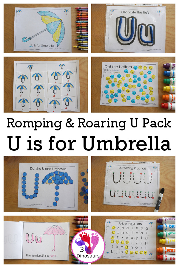 Free Romping & Roaring U Pack Letter Pack: U is for Umbrella - a letter U pack that has prewriting, finding letters, tracing letters, coloring pages, shapes, puzzles and more - 3Dinosaurs.com