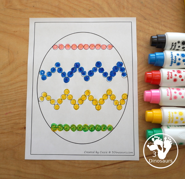 Free Easter Egg Fine Motor Mat Printables -  with four pages of printables with easter egg template to color, easter egg to trace, easter egg to q-tip and a dot marker easter egg, all great for Easter. - 3Dinosaurs.com