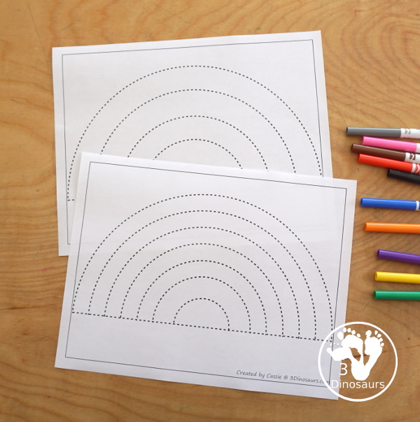 Free Rainbow Fine Motor Dot Marker Printables -  with six pages of printables with rainbows template to color, rainbows to trace, rainbow to q-tip and a dot marker rainbow, all great for spring fine motor centers. - 3Dinosaurs.com