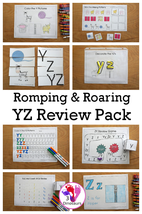 Free Romping & Roaring YZ Review Pack - with letter y and letter z printables for reviewing the three letters with tracing, puzzles, coloring pages, finger puppets, game and more- 3Dinosaurs.com