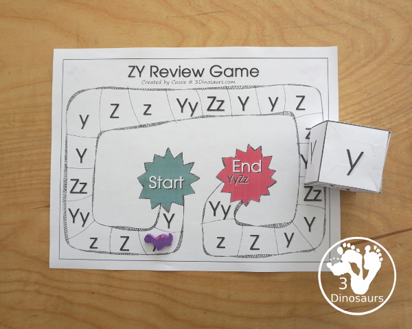 Free Romping & Roaring YZ Review Pack - with letter y and letter z printables for reviewing the three letters with tracing, puzzles, coloring pages, finger puppets, game and more- 3Dinosaurs.com