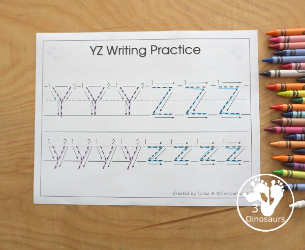 Free Romping & Roaring YZ Review Pack - with letter y and letter z printables for reviewing the three letters with tracing, puzzles, coloring pages, finger puppets, game and more- 3Dinosaurs.com