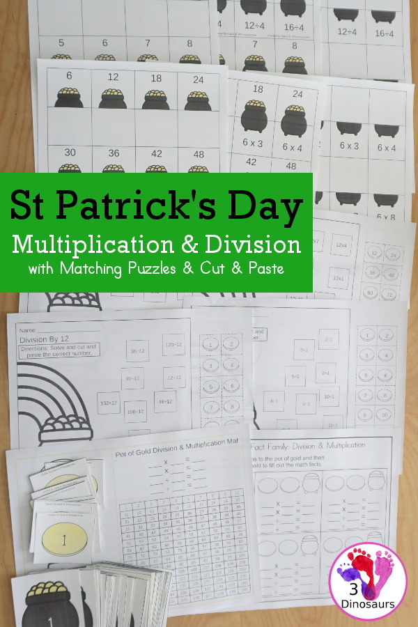 St. Patrick's Day Multiplication & Division Cut & Paste and Matching with cut and paste worksheets for division and multiplication with numbers 1 to 12 and match puzzles and matching mats for division and multiplication - 3Dinosaurs.com