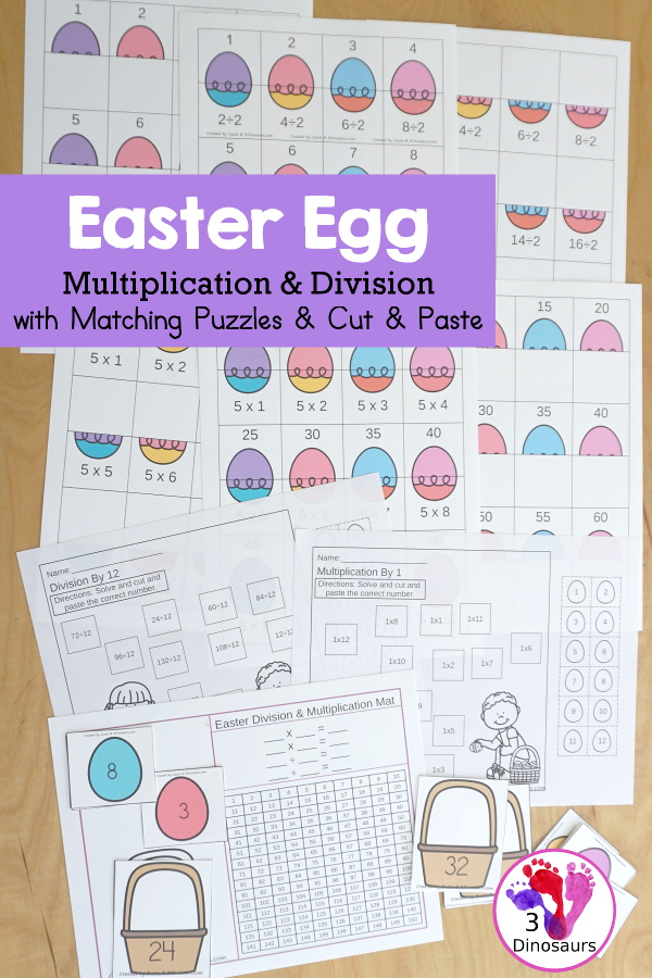 Easter Egg Multiplication & Division Cut & Paste and Matching with cut and paste worksheets for division and multiplication with numbers 1 to 12 and match puzzles and matching mats for division and multiplication - 3Dinosaurs.com