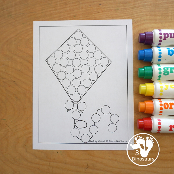 Free Kite Fine Motor Mat - a fun fine motor mat set for spring. You have kite templates, kite tracing, kite dot markers, and kite q-tip printables. All fun to use for a spring theme for fine motor centers of different kids.- 3Dinosaurs.com