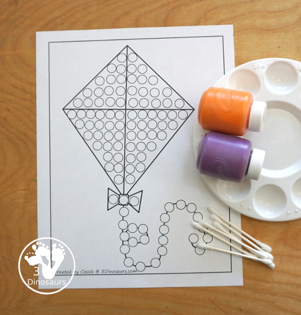 Free Kite Fine Motor Mat - a fun fine motor mat set for spring. You have kite templates, kite tracing, kite dot markers, and kite q-tip printables. All fun to use for a spring theme for fine motor centers of different kids.- 3Dinosaurs.com