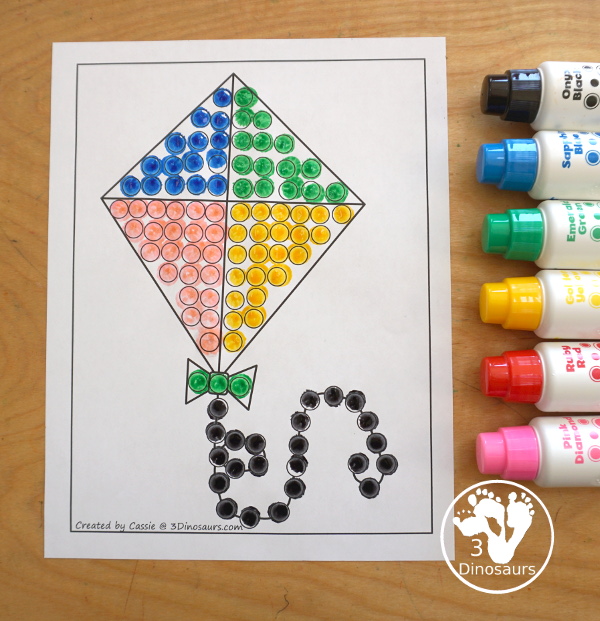 Free Kite Fine Motor Mat - a fun fine motor mat set for spring. You have kite templates, kite tracing, kite dot markers, and kite q-tip printables. All fun to use for a spring theme for fine motor centers of different kids.- 3Dinosaurs.com