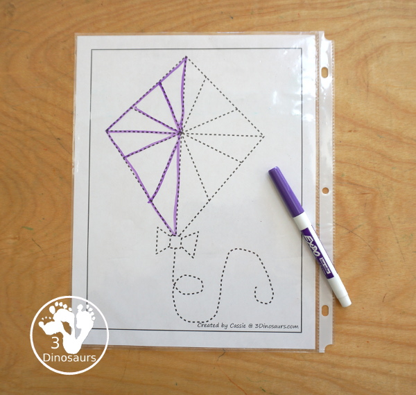 Free Kite Fine Motor Mat - a fun fine motor mat set for spring. You have kite templates, kite tracing, kite dot markers, and kite q-tip printables. All fun to use for a spring theme for fine motor centers of different kids.- 3Dinosaurs.com