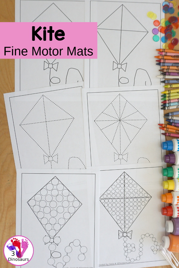 Free Kite Fine Motor Mat - a fun fine motor mat set for spring. You have kite templates, kite tracing, kite dot markers, and kite q-tip printables. All fun to use for a spring theme for fine motor centers of different kids.- 3Dinosaurs.com