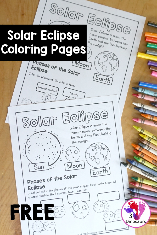 Free Solar Eclipse Coloring Pages - simple coloring pages with the Sun, Moon, Earth and the parts of a total solar eclipse. - 3Dinosaurs.com