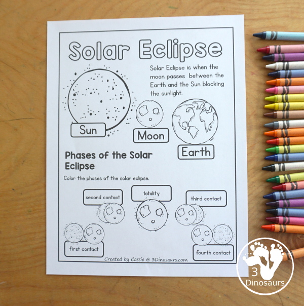 Free Solar Eclipse Coloring Pages - simple coloring pages with the Sun, Moon, Earth and the parts of a total solar eclipse - Sequencing words for the total solar eclipse there.. - 3Dinosaurs.com