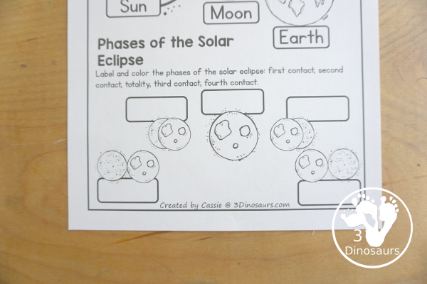 Free Solar Eclipse Coloring Pages - simple coloring pages with the Sun, Moon, Earth and the parts of a total solar eclipse - Sequencing words for the total solar eclipse there.. - 3Dinosaurs.com