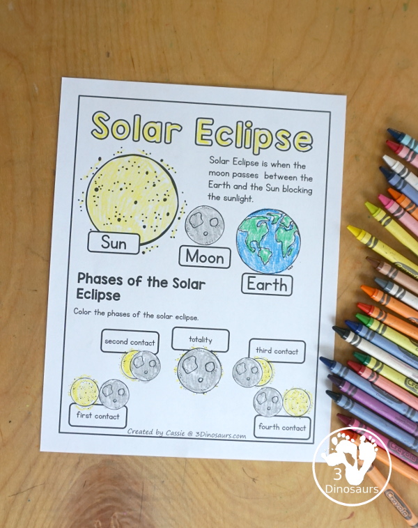 Free Solar Eclipse Coloring Pages - simple coloring pages with the Sun, Moon, Earth and the parts of a total solar eclipse - Sequencing words for the total solar eclipse there. - 3Dinosaurs.com