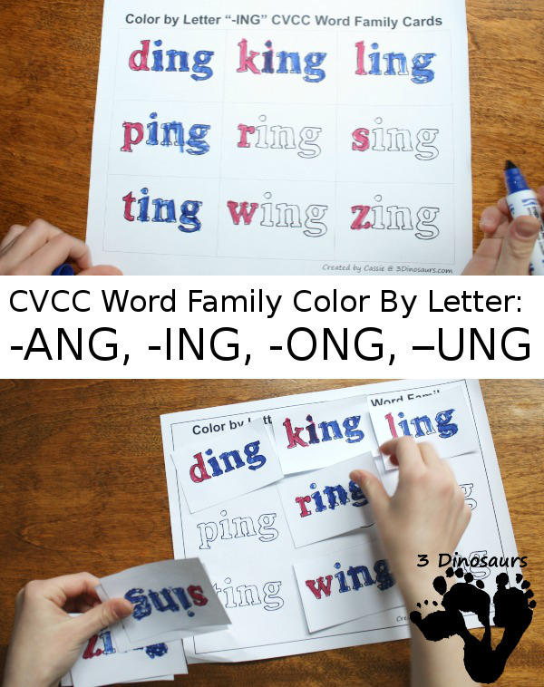 Free CVCC Word Family Color by Letter: -ANG, -ING, -ONG, - UNG - 3Dinosaurs.com