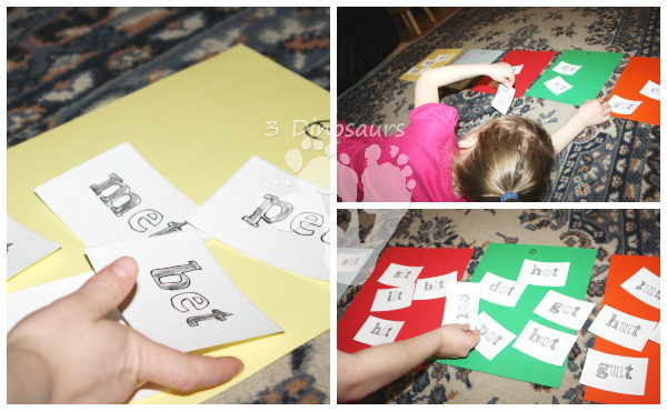CVC Words Sorting by Vowel Sound - Fun way to use color by letter printables - 3Dinosaurs.com