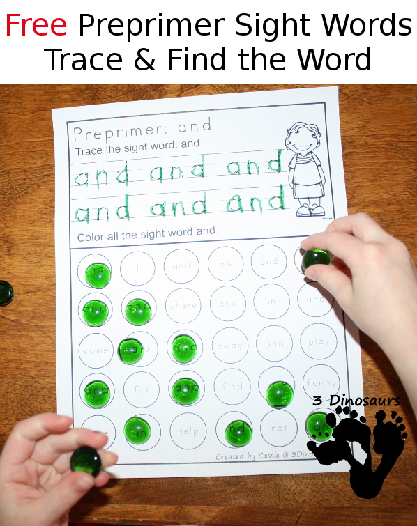 Free Preprimer Sight Word Trace & Dot the Word - 40 sight word for kids to work, with a no-prep printable for preprimer sight words - 3Dinosaurs.com