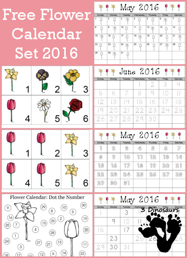 Free 2016 Flower Calendar - 3Dinosaurs.com