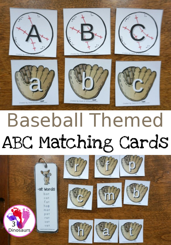 Free Hands-On Baseball ABC Matching Cards - uppercase and lowercase matching cards with a glove and ball theme - 3Dinosaurs.com