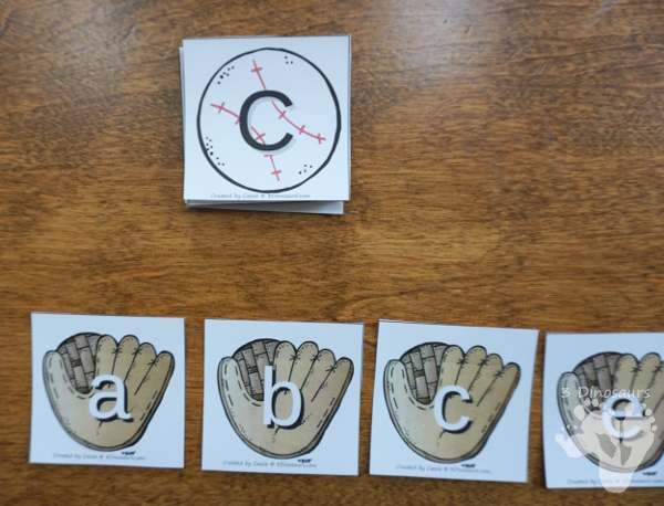 Free Hands-On Baseball ABC Matching Cards - uppercase and lowercase matching cards with a glove and ball theme - 3Dinosaurs.com