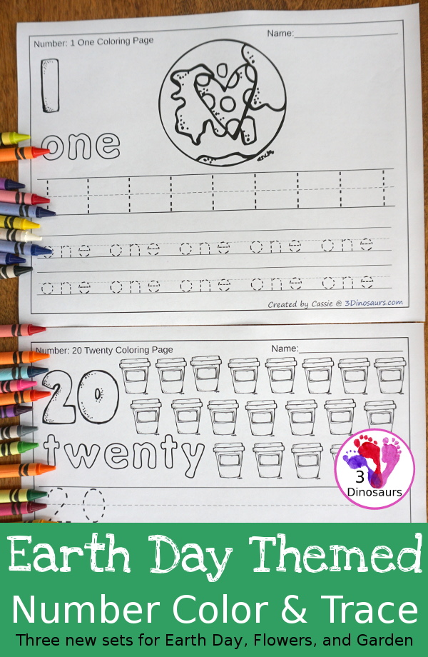 No-Prep Earth Day Themed Number Color and Trace - easy no-prep printables with three fun Earth Day themes: Earth Day, flowers and garden 44 pages for each set with two options for the numbers tracing or writing $ - 3Dinosaurs.com #noprepprintable #earthday #numbersforkids