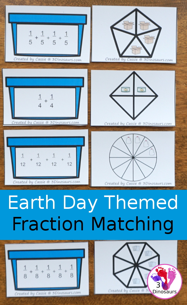 Free Recycling Earth Day Themed Fraction Matching Cards With Help Mat - 8 sets of cards to match with a help mat for adding the fractions together - 3Dinosaurs.com