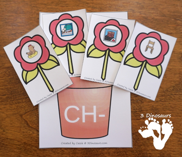 Free Flower Digraph Sorting & Worksheets - 4 beginning digraphs ch, sh, th, wh with worksheets for writing words or tracing words - 3Dinosaurs.com