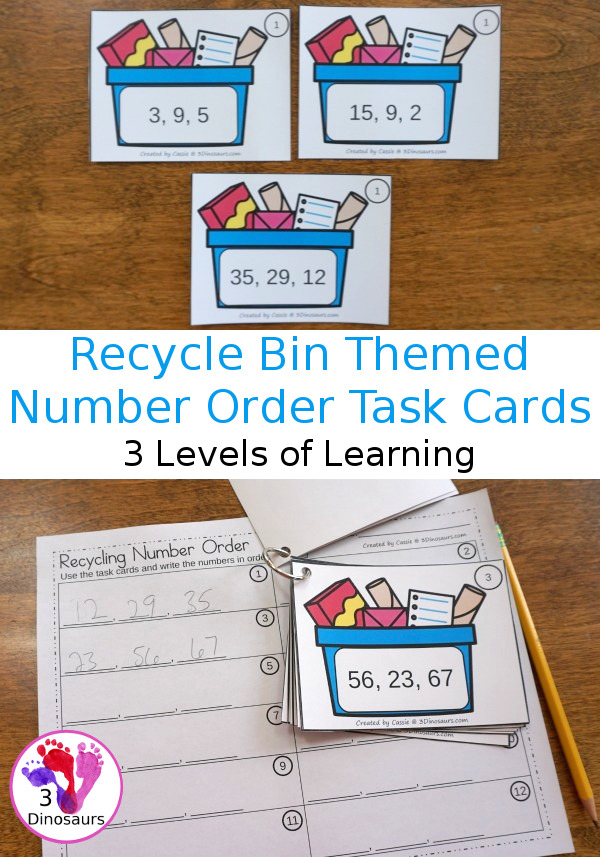 Free Recycling Themed Number Order Task Cards - 3 levels of learning with 3 sets of task card and worksheet to have kids put the numbers in order - 3Dinosaurs.com