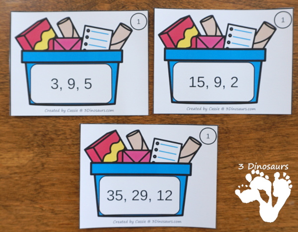 Free Recycling Themed Number Order Task Cards - 3 levels of learning with 3 sets of task card and worksheet to have kids put the numbers in order - 3Dinosaurs.com