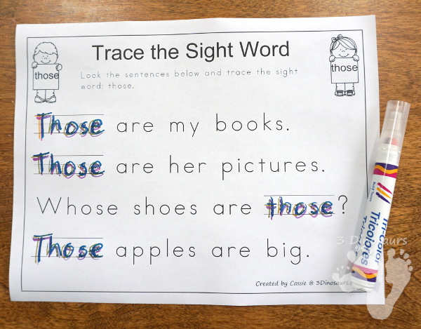 Free Romping & Roaring Second Grade Sight Words: these, those, upon, us 6 pages of printables for each word - 3Dinosaurs.com