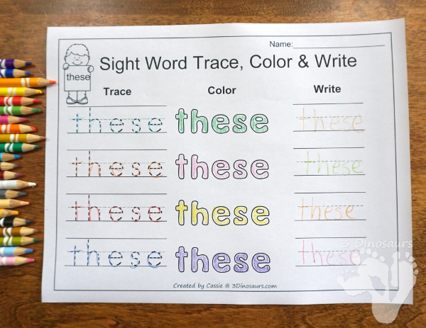 Free Romping & Roaring Second Grade Sight Words: these, those, upon, us 6 pages of printables for each word - 3Dinosaurs.com