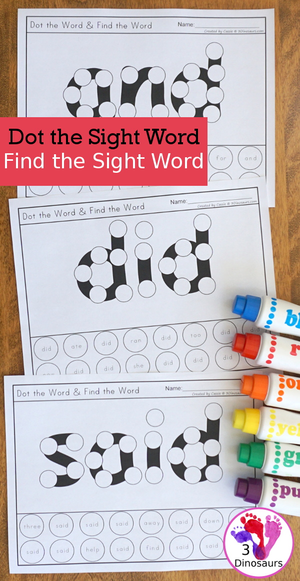 Sight Word Dot the Word Find the Word - All 220 Dolch Sight Words in a dot the sight word and then find the sight word in a no-prep printable - 3Dinosaurs.com