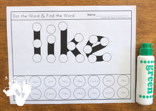 Sight Word Dot the Word Find the Word - All 220 Dolch Sight Words in a dot the sight word and then find the sight word in a no-prep printable - 3Dinosaurs.com