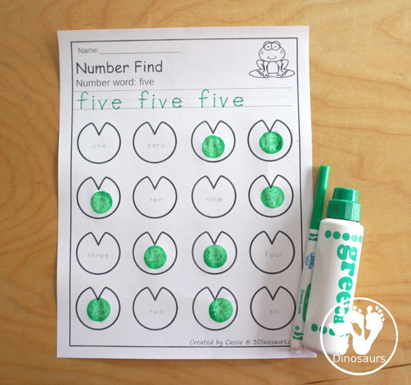 Pond Number Find Printable - with numbers from 0 to 20 with numerical number and number word to trace and find with a fun frog and lilly pad theme- 3Dinosaurs.com