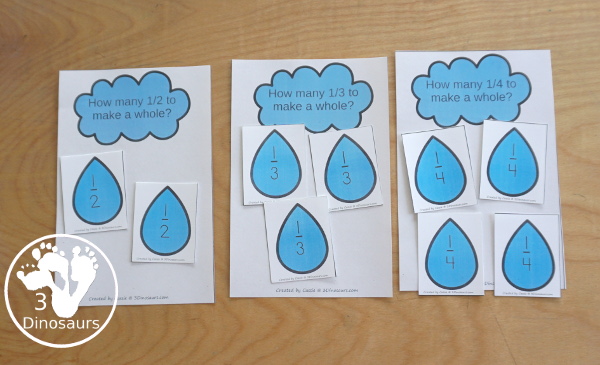 Free Raindrop Adding Fractions to Make Whole with same fraction and mixed fractions with 1/2, 1/3, 1/4, 1/5, 1/6, 1/8, & 1/10, with raindrop fractions, fraction puzzles and fraction math centers - 3Dinosaurs.com