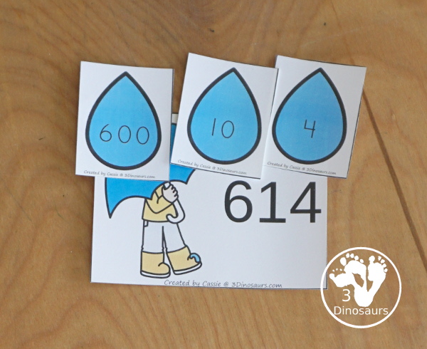 Free Raindrop Place Value Printable with 10s & 1s and 100s, 10s & 1s - with place value expanded form cards, place number cards and recording sheets.  - 3Dinosaurs.com