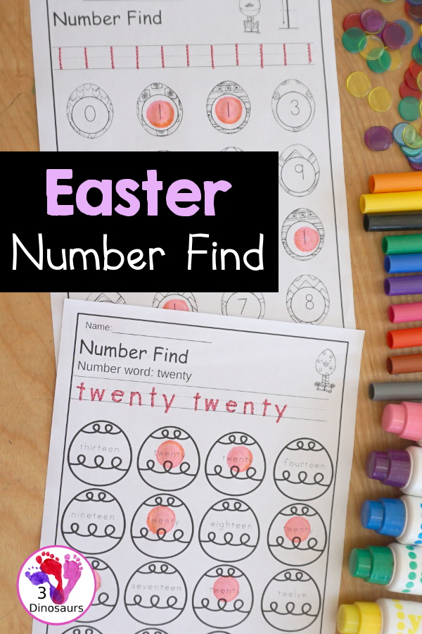 Easter Number Find with Numbers from 0 to 20 with numerical number find, and number word find for kids to work on tracing numbers and finding numbers in kindergarten and prek. - 3Dinosaurs.com