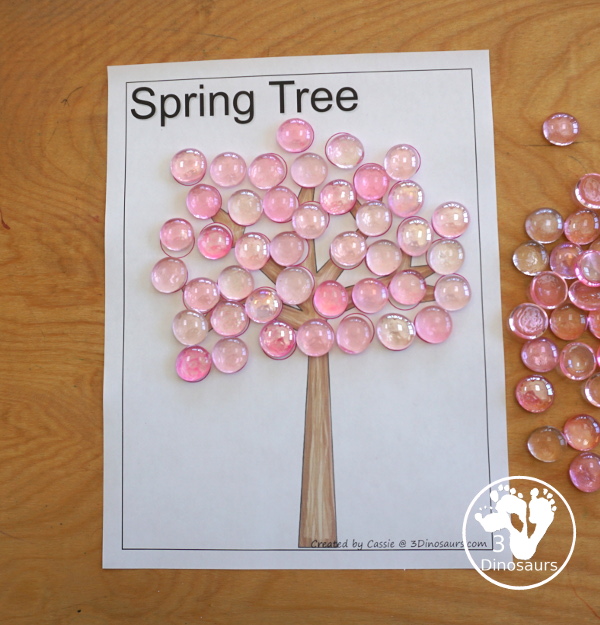 Free Spring Dot Printables: Spring Tree & Flowers - You have three versions of the tree and 5 flowers that kids can dot - 3Dinosaurs.com