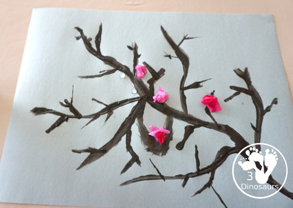 Tissue Paper Spring Blossoms - This is a fun spring craft that kids can do with paints and pink tissue paper - 3Dinosaurs.com