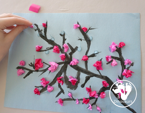 Tissue Paper Spring Blossoms - This is a fun spring craft that kids can do with paints and pink tissue paper - 3Dinosaurs.com