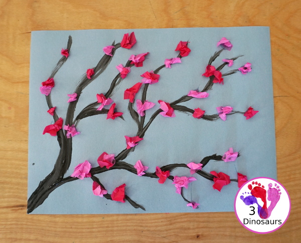 Tissue Paper Spring Blossoms - This is a fun spring craft that kids can do with paints and pink tissue paper - 3Dinosaurs.com