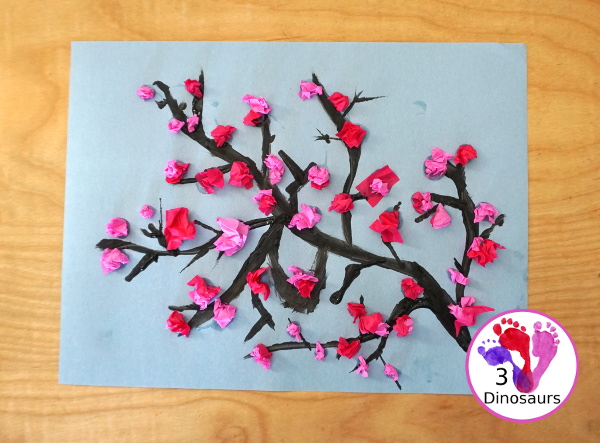 Tissue Paper Spring Blossoms - This is a fun spring craft that kids can do with paints and pink tissue paper - 3Dinosaurs.com