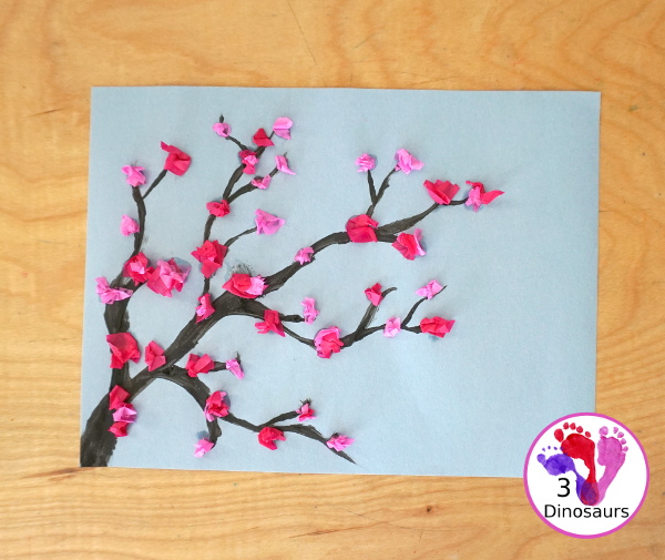 Tissue Paper Spring Blossoms - This is a fun spring craft that kids can do with paints and pink tissue paper - 3Dinosaurs.com