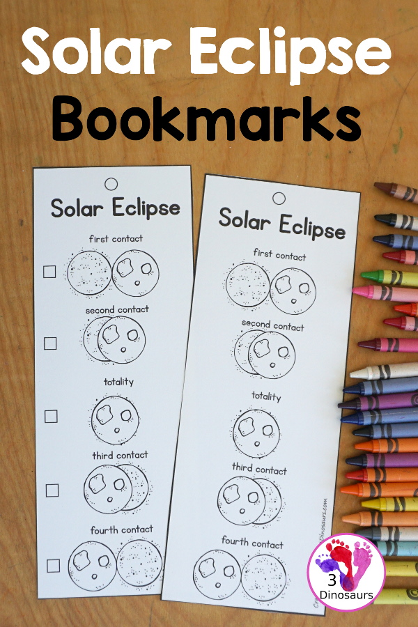 Free Total Solar Eclipse Bookmarks with the order of events for a total solar eclipse with pictures for kids to use to mark what they have seen.  3Dinosaurs.com