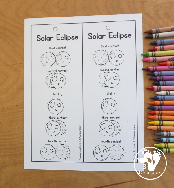 Free Total Solar Eclipse Bookmarks with the order of events for a total solar eclipse with pictures for kids to use to mark what they have seen.  3Dinosaurs.com