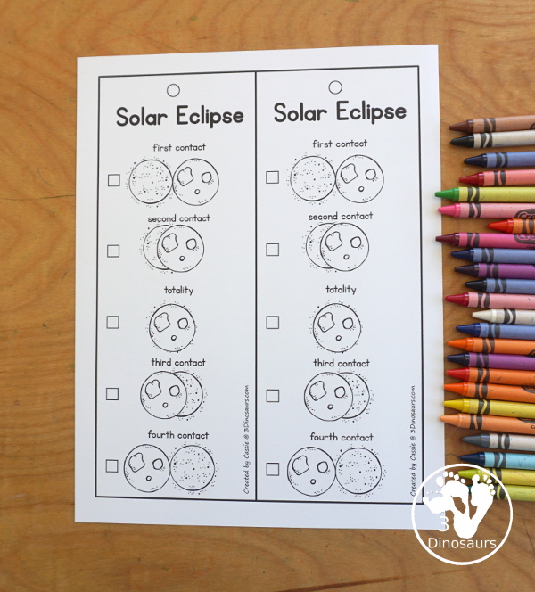 Free Total Solar Eclipse Bookmarks with the order of events for a total solar eclipse with pictures for kids to use to mark what they have seen.  3Dinosaurs.com